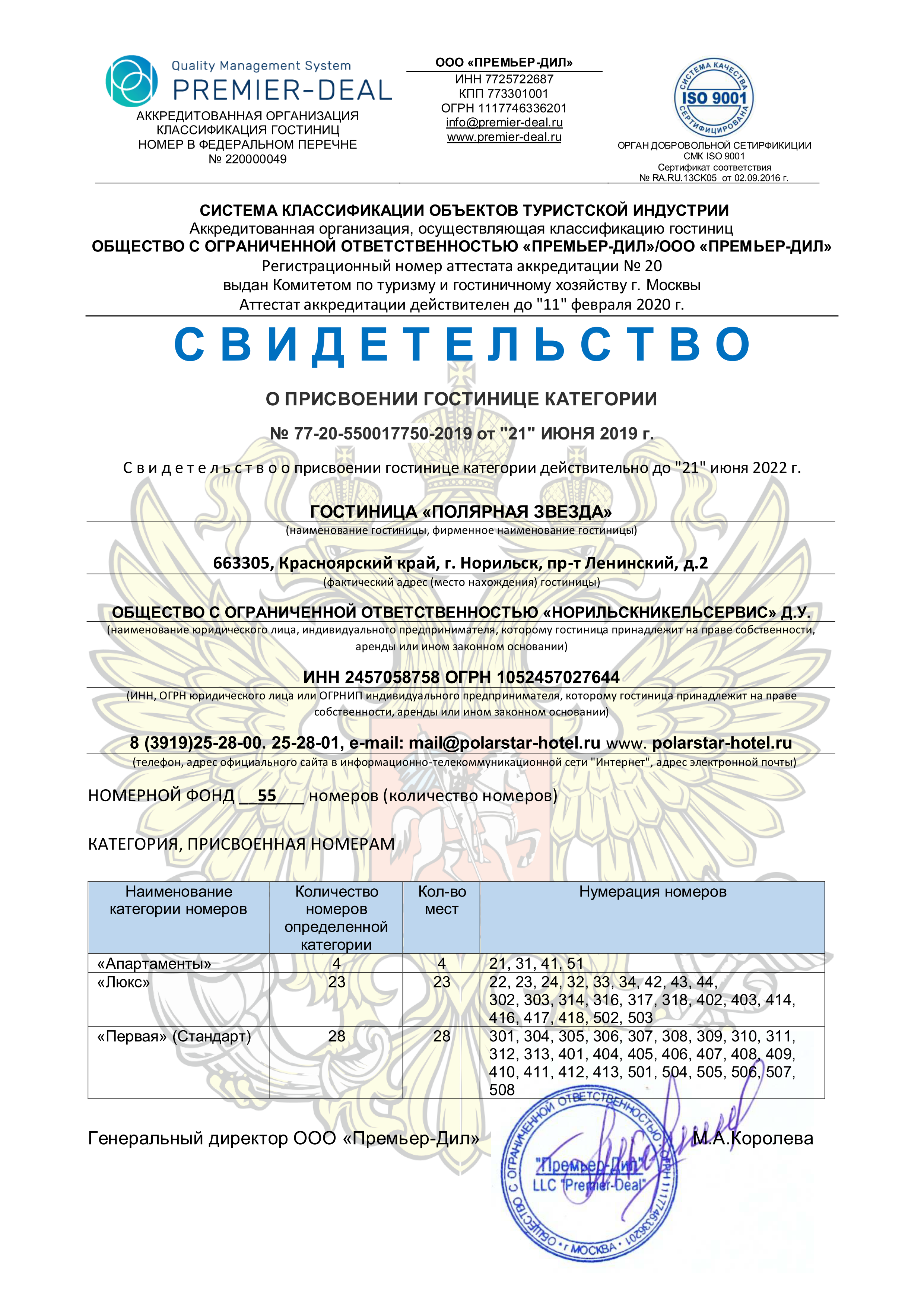 Гостиничный комплекс Полярная звезда, свидетельство о присвоении категории  5* — НН-Сервис